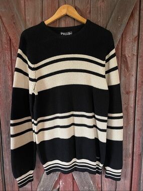 Volcom Black and Cream Striped Crewneck Sweater